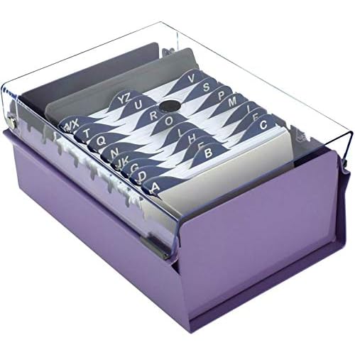 Acrimet 3 x 5 Card File Holder Organizer Box Metal Base Heavy Duty (AZ Index Cards and Divider Included) (Purple Color with Clear Crystal Plastic Lid Cover)