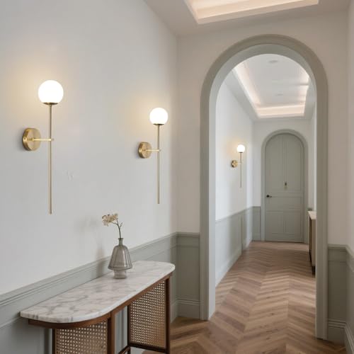BOKT Mid Century Modern Long Wall Sconce Brushed Brass Bathroom Vanity Wall Sconce Lighting Small Gold Globe Wall Light White Glass Sphere Wall Lamp Antique Brass Wall Lighting