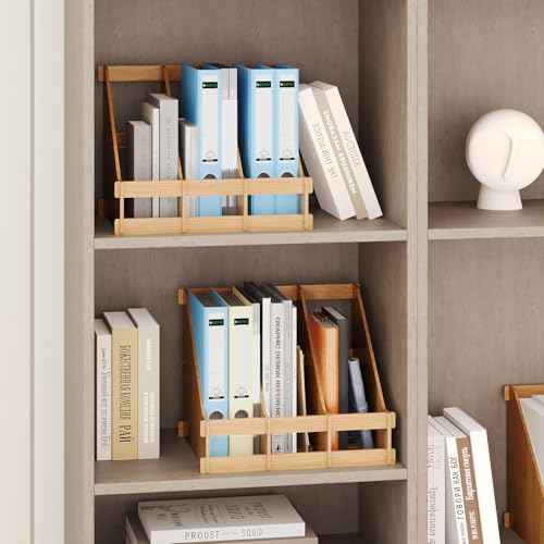 Bamboo Desktop Magazine Holder Desk File Organizer 3 Compartments Vertical File Dividers Book Holder Frames Document Cabinet Rack Storage Organizer Box for Home Office School Black (Nature)
