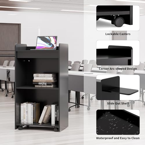 LayBurst 45in Wooden Podium with Lockable Wheels, Side Shelf, 15mm Particle Board – Black