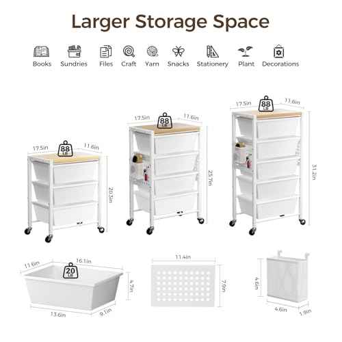 Rolling Cart with 5 Drawers, Plastic Drawer Storage Carts with Wheels & Wooden Tabletop, Metal Utility Cart with Pegboards, Office Living Room Classroom Craft Organization and Storage, Bright White