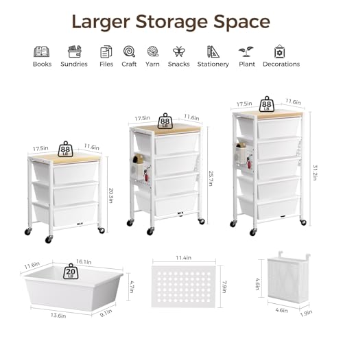 Time Forest 5-Drawer Rolling Storage Cart with Wheels & Wooden Top - Bright White