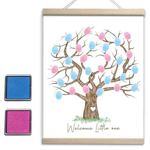 QZCYU Gender Reveal Fingerprint Tree Canvas Guest Books, Baby Shower Decorations, Gender Reveal Party Decorations Gifts Ideas, Baby Shower Party Supplies, Thumbprint Hanging Paintings(12x15in)