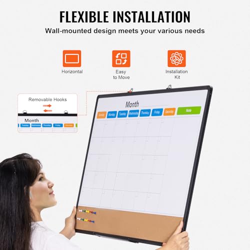 VEVOR 36"x 24" Monthly Calendar Whiteboard & Cork Board Combo with Aluminum Frame ? 2-in-1 Magnetic Dry Erase Bulletin Board for Wall Mount ? Ideal for School, Home, Office
