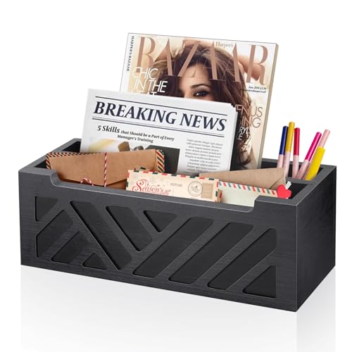 Mail Organizer Mail Holder Countertop with 2 Slots, Wood Mail Basket for Wall Table Desk, Envelope Bill Holder for Home Office Decor (Black-2)