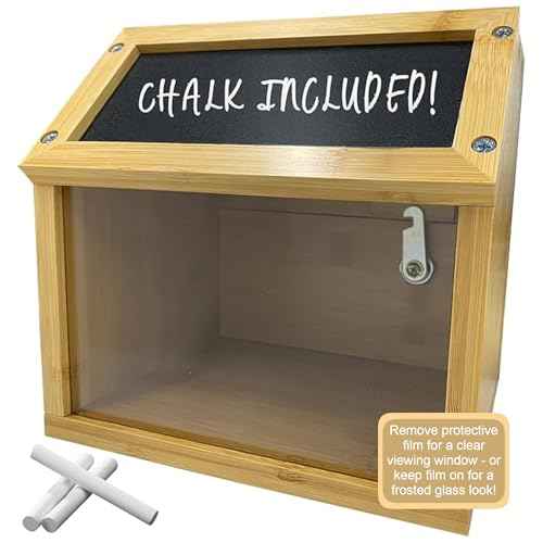 Bamboo Tip Jar and Suggestion Box with Chalkboard, Chalk, Locking Latch, and Clear Viewing Window