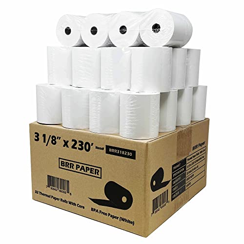 (32 Rolls ? 55 GSM) 3 1/8 x 230 Thermal Paper Receipt Rolls (Solid Tube Core) fits all Clover POS Cash Register Printers, Star Micronics SCP700 TSP100 TSP300 TSP400 TSP500 TSP600 TSP 700 TSP2000