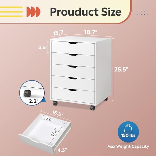 DEVAISE White 5-Drawer Under-Desk Filing Cabinet, 15.7 x 18.7 x 25.5 inches