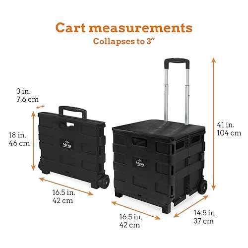 Inspired Living Collapsible Ultra-Slim Pack-N-Roll,2 Wheel Utility Cart w/Lid used as Seat up to 250 Lbs, Telescopic Handle - Super Strong, for Home, Garden, Shopping, Office, School use, Large, Black