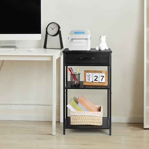 ETELI Printer Stand Table for Home Office 3 Tier Small Printer Stand with Storage Drawer Multi-Functional Printer Desk Shelf with Wood Board and Metal Frame for Printer Fax Machine Scanner, Black