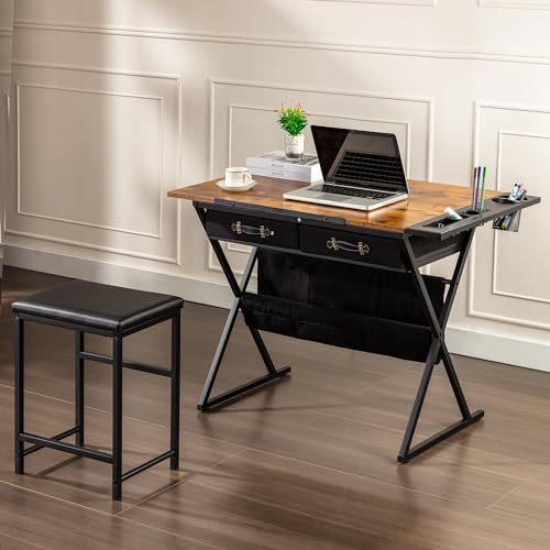 VECELO Rustic Brown Adjustable Drafting Table Art Desk with Storage & Stool