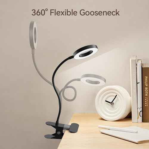 LED Desk Lamp Clip on Light with 3 Color Modes 10 Brightness Levels, 360 Flexible Gooseneck, Eye Protection, USB Charging, Black