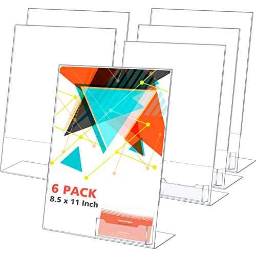 Crtiin 6 Pcs 8.5 x 11 Inch Acrylic Slanted Sign Holder with Business Card Holders Clear Display Stand Flyer Stand with Gift Card Holder for Office Table Advertisement Brochure