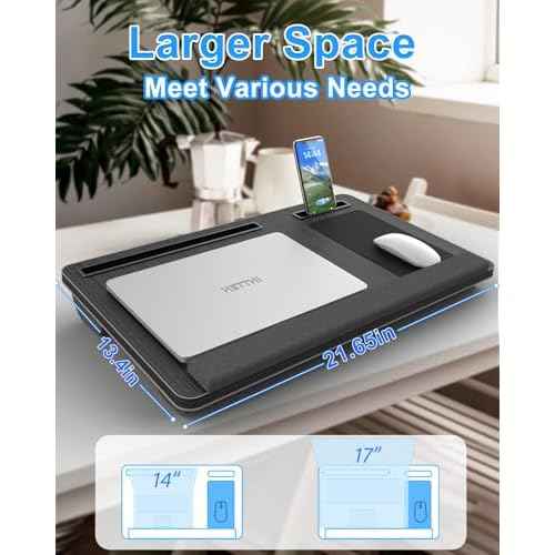 Laptop Lap Desk, Portable Large Laptop Desk for Bed, Up to 17 Inch Lap Pad Tray with Wrist Rest, Mouse Pad, Tablet Phone Slot, Portable Handle, Cushion (Black)