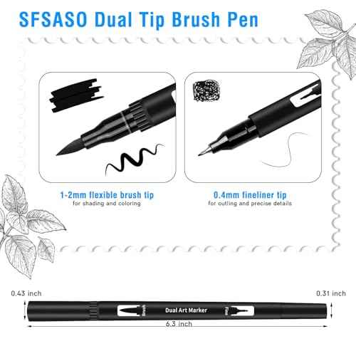 Black Drawing Pens, 12 Pack Dual Tip Brush Pens - Fine Liner & Brush Markers for Sketching, Calligraphy, Journaling - Water-Based, Quick-Drying Ink - Ideal for Artists, Adults & Kids