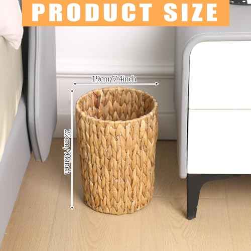 Wicker Waste Basket, Handwoven Water Hyacinth Trash Can Small Bathroom Trash Can Boho Woven Decorative Office Garbage Cans for Bedroom Bathroom Kitchen Living Room