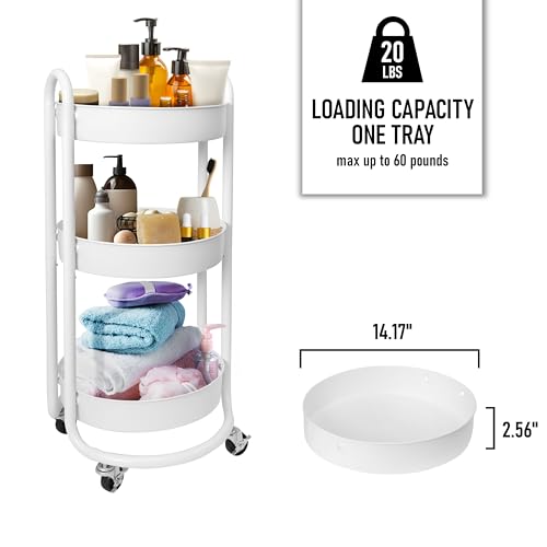 HOMESTEAD Round Rolling Side Table Cart, 3 Tier Metal Utility, 60 lb Heavy Duty, 15¡È Diameter, Lockable 360¡Æ Casters, Powder-Coat Storage for Kitchen, Bedroom, Office, Bath 15.7" x 14.9" x 31.5" White