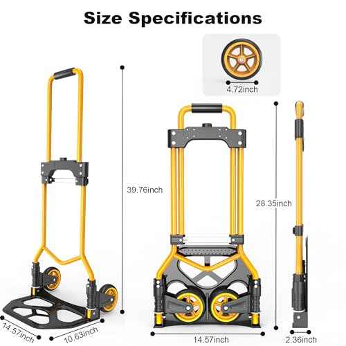 Folding Hand Truck Dolly Cart, 180LBS Portable Aluminum Hand Truck Foldable with Telescoping Handle and Elastic Cord for Luggage, Boxes, Functionality Foldable Dolly for Home, Moving, Black Yellow
