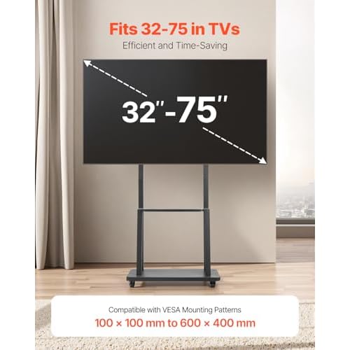 VEVOR Rolling TV Stand, Mobile TV Cart for 32-75 Inch Screens, Height Adjustable Portable Monitor Stand with Tray, Holds up to 150 lbs for Living Room, Bedroom, Office, Outdoor Max VESA 600 x 400 mm