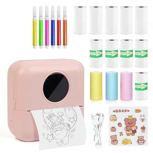MXiiXM Mini Sticker Printer, Portable Pocket Smart Inkless Thermal Printer with 13 Roll Papers, Bluetooth Mini Printer for Notes, Photos, Stickers, Labels, Receipts (Pink)
