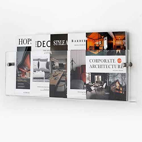 2 Pack Clear Acrylic Magazine Holder, Wall Mount Bookshelf Magazine Rack, Literature Brochure File Display Shelf for Waiting Room, Living Room, Office, Home, Organization