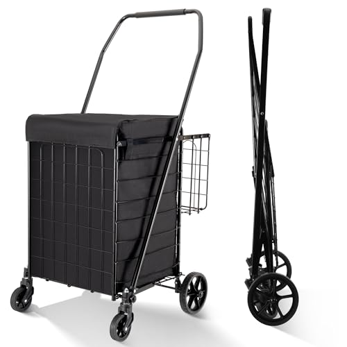 Folding Shopping Cart with Waterproof Liner, Grocery Cart Large Bag with Top Cover, 200 Lb Capacity, Utility Cart with 360¡Æ Rolling Swivel Wheels, Medium & Extra Basket