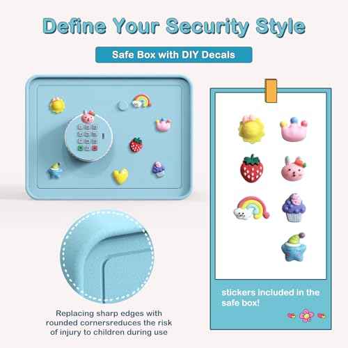 Kids Mini Safe Small Cash Box ? GoldenKey Blue Macaron 7¡±x9.4¡±x6.3¡± Money Security Safe with Coin & Bill Slot, Keypad & Key Lock, USB Backup, DIY Stickers, Piggy Bank for Home