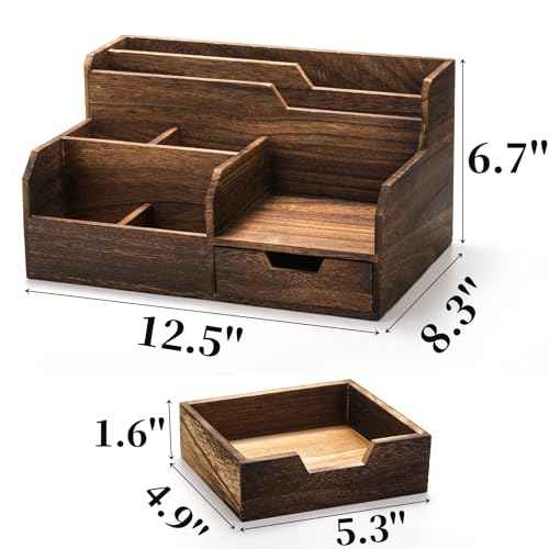 Brown Wooden Mail Organizer, Desk Organizer with 7 Compartments and Drawer, Rustic Mail Sorter with Pen Holder, Tabletop Mail Basket, Office Accessories Holder for Pen File Letter Document