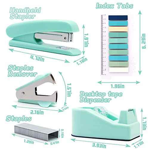 Green Office Supplies,UPIHO Teal Desk Accessories,Stapler and Tape Dispenser Set for Women with Stapler,Tape Dispenser,Staple Remover, Staples, Clips, Scissor and Tabs for Students, Office Clerks