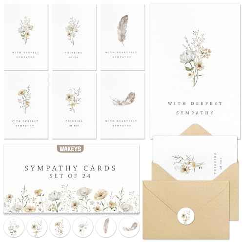 24 Pcs Sympathy Cards with Envelopes, Bulk Condolence Cards with Thoughtful Messages with Adhesive Envelopes and Stickers, 6 Unique Designs