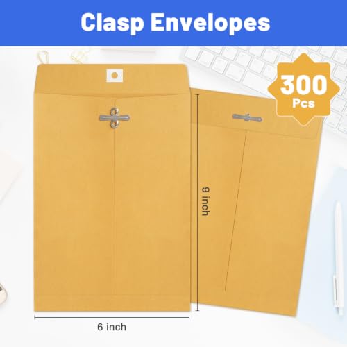 300 Pack 6x9 Brown Kraft Manilla Envelopes with Metal Clasps for Mailing & Storage