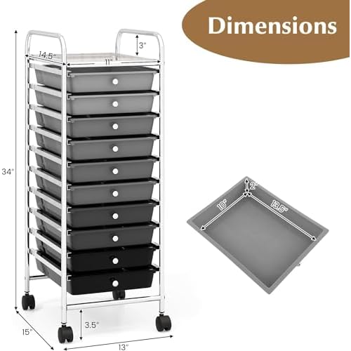 10 Drawers Rolling Storage Cart, Mobile Utility Cart, Sundries Storage Cart w/Lockable Casters for School, Office, Home, Multipurpose Storage Organizer Cart (Black)