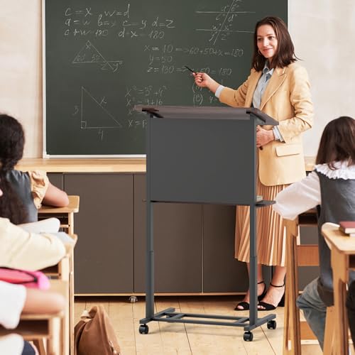 Tangkula Walnut 3-Position Height Adjustable Rolling Podium/Lectern with Tilted Tabletop