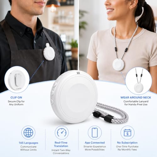 Memlorz White AI Language Translator Device with 165 Languages, Clip-On