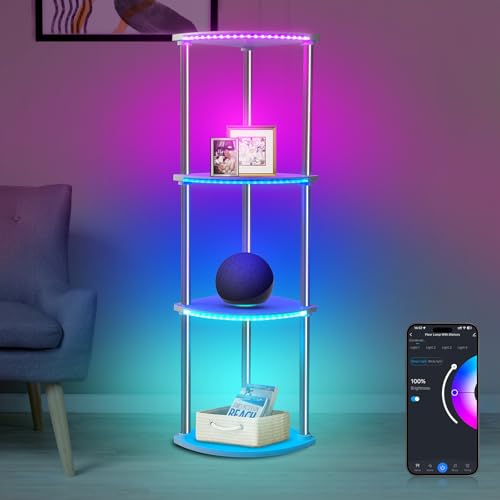 4 Tier Floor Lamp with Shelves, Modern Dimmable Standing Lamp with APP Control, Shelf Floor lamp with Music Sync, Corner Display Bookshelf Lamp for Living Room, White