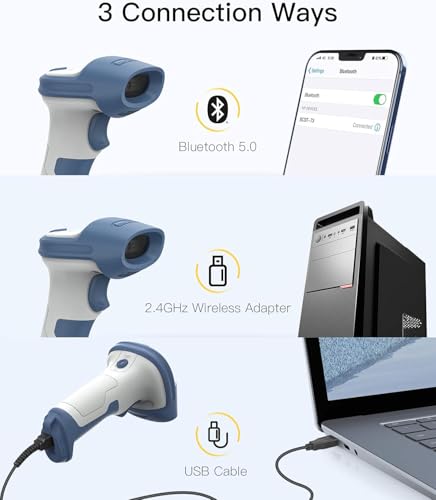 Inateck 2D Bluetooth Barcode Scanner - Wireless Handheld Scanner, Blue White