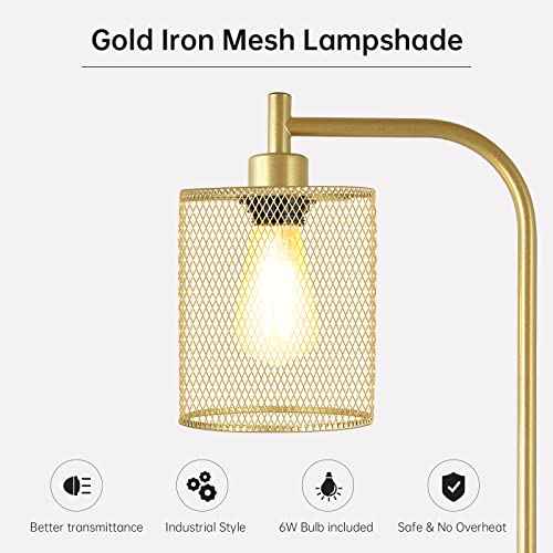 BoostArea Industrial Gold Floor Lamp, 67 Inch LED Standing Lamp with Iron Mesh Lampshade, 6W Brass Stand Up Lamp for Living Room, Bedroom, Office, Den