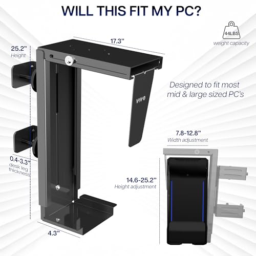 VIVO Adjustable Clamp-on Desk Leg Large PC Mount, Under Desk CPU Storage, Computer Case Holder with Tool-Free Installation, Black, Mount-PCLC1
