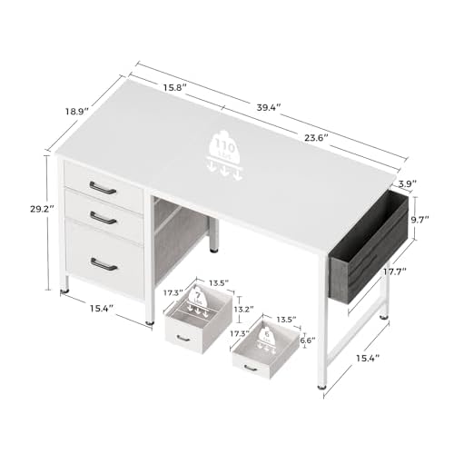 Casaottima 40 Inch Small Home Office Computer Desk for Bedroom with Fabric Drawers & File Cabinet, Cloth Storage Bag and Hook, Writing Study Work Desk for Small Space, Snow White