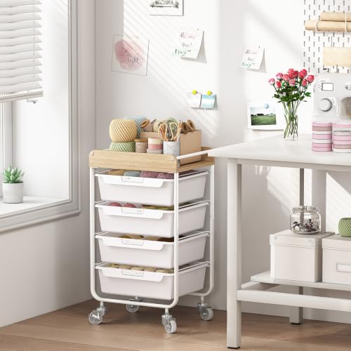 SYKIARIOL White 4-Drawer Rolling Craft Storage Cart with Lockable Wheels