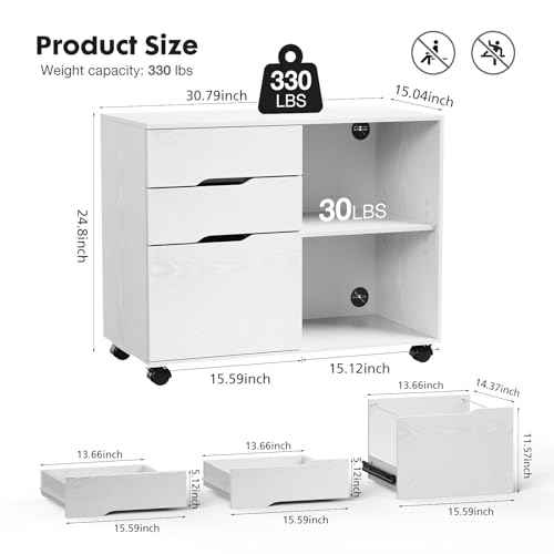 DUMOS Lateral File Cabinet with 3 Drawers Rolling Filing Cabinets Under Desk Storage Printer Stand Wood Organizer with Wheels Adjustable Shelf for Office Home Small Space, White