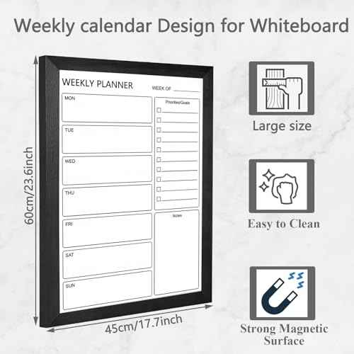 Dry Erase White Board Weekly Calendar Board, Magnetic Whiteboard for Wall,17.7¡°x23.6 Solid Wood Black Framed Message Board, Planner Board for Office, Home, School£¨Weekly-BB-BK-4560