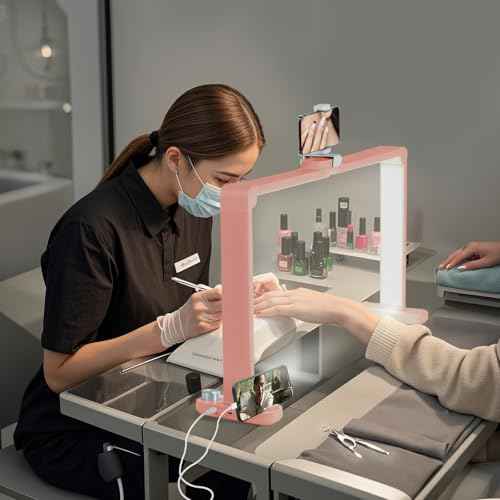 Nail Desk Lamp,34In Led Nail Light for Desk with USB Ports,Phone Holder & Stepless Dimming,6000K Half Moon Table Light for Eyelash Extension, Tattoo, Eyebrows(Pink)