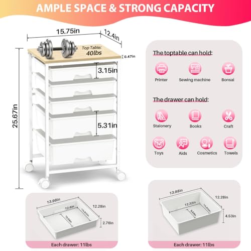 Goovilla White 5-Drawer Rolling Storage Cart for Craft, Office & Dorm