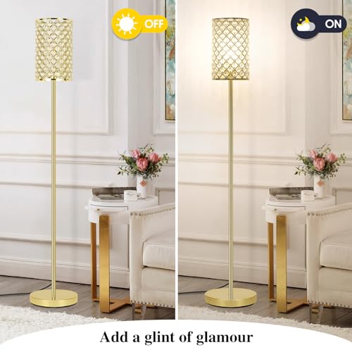 Gold Floor Lamp, Crystal Floor Lamp with Decorative Shade, Standing Lamp with On/Off Foot Switch & E26 Base, Modern Floor Lamps Corner Tall Pole Light for Living Room, Girls Bedroom, Dresser, Office
