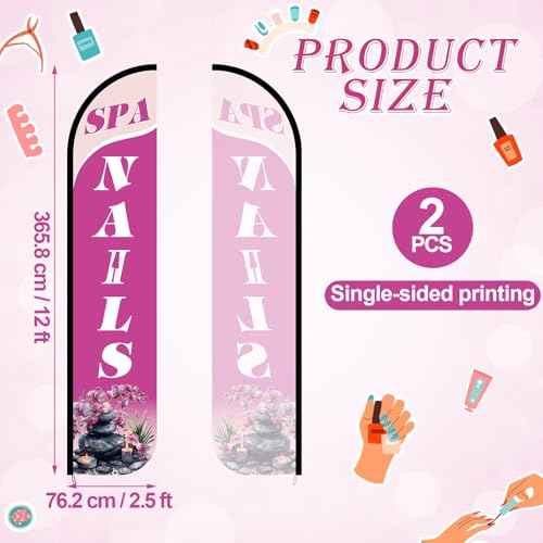 2 Pack Nails Sign & Spa King Flags 12 ft x 2.5 ft Nail Sign Advertising Feather Banner Swooper Flag for Outside Advertising Marketing Nail Salon, Hardware Not Included (Updated Design)