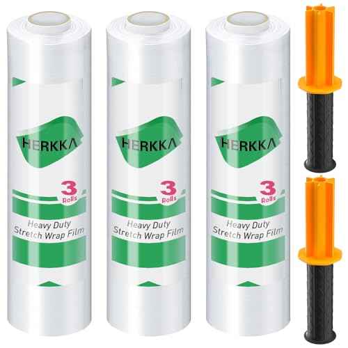 Stretch Film, HERKKA Stretch Wrap with Handles Industrial Strength, Moving Wrapping Plastic Roll, Shrink Wrap for Pallet Wrap, 15" x 1000 Feet, 3 Pack, 60 Gauge