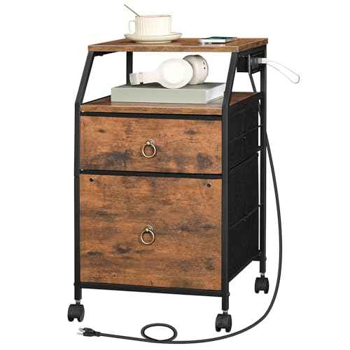 HOOBRO 2-Drawer Mobile File Cabinet, Filing Cabinet with Charging Station, Printer Stand with Open Storage Shelf, for A4/Letter Size, Home Office, Nonwovens Drawer, Rustic Brown and Black BF10UWJ01