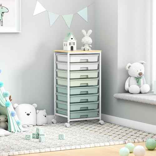 Rolling Storage Utility Cart Organizers with 8 Drawers and Wooden Tabletop for Living Room,Office,Classroom,Craft Room,Bedroom,Dorm,Green
