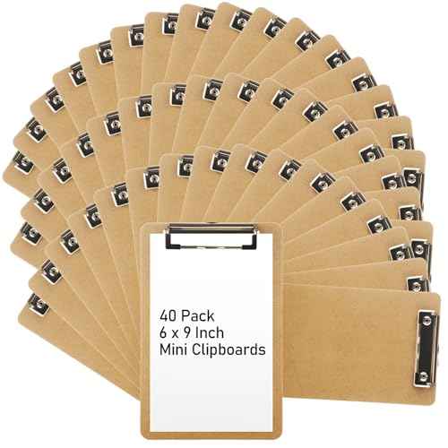 40 Pack Mini Clipboard 6 x 9 Clipboards Bulk, A5 Wood Clipboard Small Clipboards with Low Profile Clip, Memo Size Clip Boards for Home, Office, Classroom Supplies